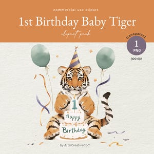 1er anniversaire de bébé tigre PNG, premier anniversaire, étape importante de bébé, des cliparts tigre, anniversaire de genre neutre, première année de bébé, clipart animaux de safari