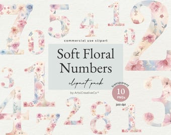 May include: Watercolor floral numbers clipart set in pink, blue, and white. The numbers are 0 through 9 and are perfect for adding a touch of whimsy to your designs.