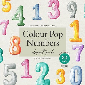 Clipart chiffres aquarelle couleur pop, numéros de couleur PNG, jalons d'anniversaire, marqueurs d'âge, décoration de chambre d'enfant, faire-part, nombres imprimables