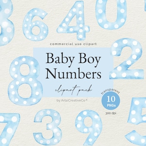 Bundle de cliparts chiffres aquarelle bébé garçon - chiffres PNG bleu pastel, jalons d'anniversaire, marqueurs d'âge, décoration de chambre d'enfant, faire-part