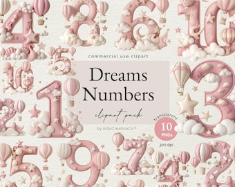 May include: A collection of pink and white decorative numbers, each adorned with clouds, stars, and hot air balloons. The numbers are from 1 to 10. The text "Dreams Numbers clipart pack" is also visible.
