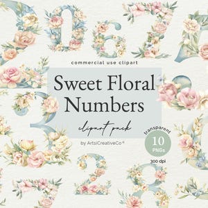 Pastel Aquarela Floral Números Casamento Aniversário Idade Clipart PNG Bundle, Floral Alfabeto PNG, Peônia, Números de Casamento, Números Estéticos