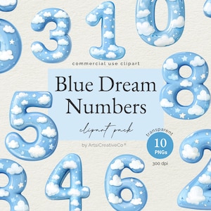 Rêve bleu des cliparts chiffres PNG, chiffres bleus pour bébé garçon, jalons d'anniversaire, marqueurs d'âge, décoration de chambre d'enfant, faire-part, papeterie de fête
