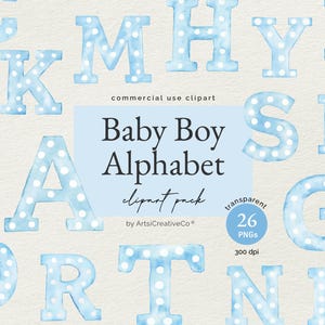 May include: A set of 26 watercolour alphabet letters in blue with white polka dots. The letters are in uppercase and are arranged in a random order. The text "Baby Boy Alphabet" is written in black text on a white background.