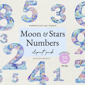 Números Crianças Aniversário Berçário Idade Clipart PNG Bundle, Números Estéticos, Números PNG, Marcos do Bebê, Números Clipart, Lua, Estrelas