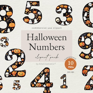 May include: A set of ten Halloween-themed numbers, each decorated with a black background and various Halloween elements, including pumpkins, ghosts, and bats. The numbers are in a watercolor style and are perfect for crafting projects or digital designs.