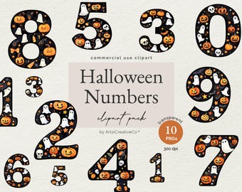 May include: A set of ten Halloween-themed numbers, each decorated with a black background and various Halloween elements, including pumpkins, ghosts, and bats. The numbers are in a watercolor style and are perfect for crafting projects or digital designs.
