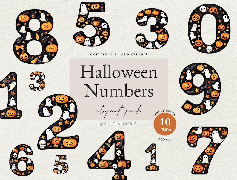 May include: A set of ten Halloween-themed numbers, each decorated with a black background and various Halloween elements, including pumpkins, ghosts, and bats. The numbers are in a watercolor style and are perfect for crafting projects or digital designs.