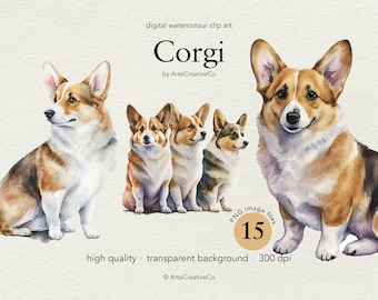 Corgi Dog Clipart PNG Bundle, Watercolor Dog Clipart Portrait, Prints, Cute Dogs, Puppy Clip art, Transparent PNGs, Animals, Pets