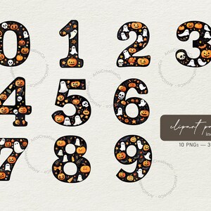May include: A set of ten Halloween-themed digital clipart images featuring the numbers 0 through 9. Each number is decorated with a black background and a pattern of ghosts, pumpkins, and skulls.