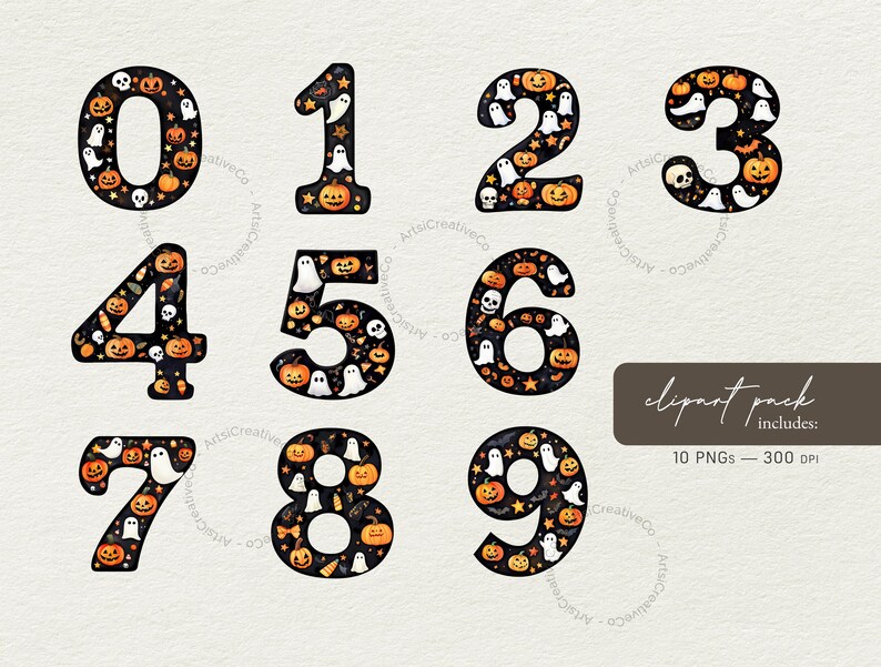 May include: A set of ten Halloween-themed digital clipart images featuring the numbers 0 through 9. Each number is decorated with a black background and a pattern of ghosts, pumpkins, and skulls.
