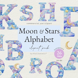 Paquete de imágenes prediseñadas PNG de letras del alfabeto para guardería de cumpleaños para niños, alfabeto estético, imágenes prediseñadas para niños, alfabeto PNG, luna, estrellas, letras PNG