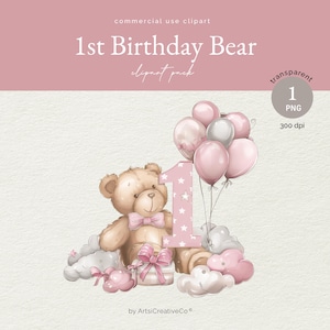 Ours en peluche 1er anniversaire PNG Clipart, ballon rose pour bébé fille, étape importante de la première année, baby shower, décoration de chambre d'enfant, scrapbooking, faire-part