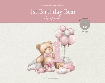 Teddy Bear 1st Birthday PNG Clipart, Blue Balloon Baby Boy, First Year ...