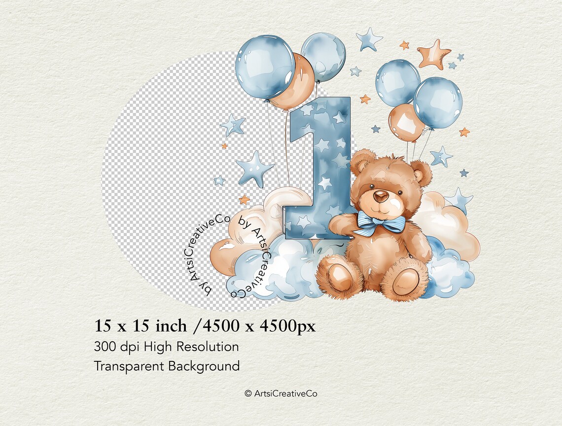 Teddy Bear Balloon 1st Birthday PNG, First Birthday Sublimation Design ...