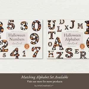 May include: Halloween alphabet and number clipart set. The letters and numbers are made up of orange and black pumpkins, ghosts, and bats. The set includes 10 numbers and 26 letters.