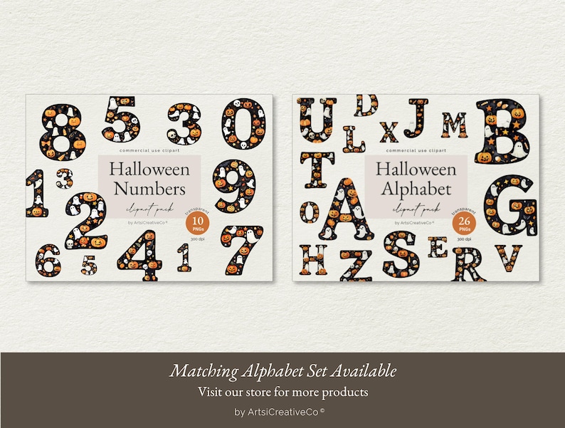 May include: Halloween alphabet and number clipart set. The letters and numbers are made up of orange and black pumpkins, ghosts, and bats. The set includes 10 numbers and 26 letters.