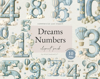 May include: A set of ten blue and white numbers with clouds and stars, each number has a hot air balloon with a blue and white striped pattern. The numbers are 0-9 and are part of a clipart pack. The text "Dreams Numbers clipart pack" is at the bottom of the image.