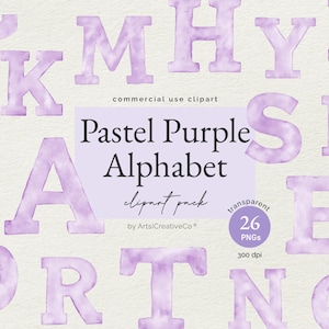Alfabeto morado pastel, letras de acuarela, fuente digital, fuente morada, decoración de guardería, álbumes de recortes, invitaciones, manualidades