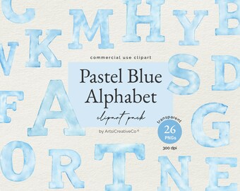 Pastel Blue Alphabet Clipart, Watercolor Letters, Digital Alphabet Font, Blue Font, Nursery Decor, Scrapbooking, Invitations, Crafts