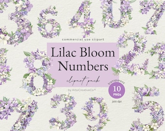 May include: Lilac flower numbers clipart set. Ten digital images of numbers 0-9 made of purple and white lilac flowers.  Each image is 300 dpi and transparent.
