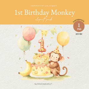 1er anniversaire de singe PNG, premier anniversaire, étape importante de bébé, des cliparts de singe, anniversaire de genre neutre, première année de bébé, fabrication de cartes PNG, singe