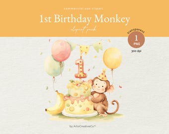 Mono de primer cumpleaños PNG, primer cumpleaños, hito del bebé, clipart de mono, cumpleaños de género neutro, primer año del bebé, PNG para hacer tarjetas, mono