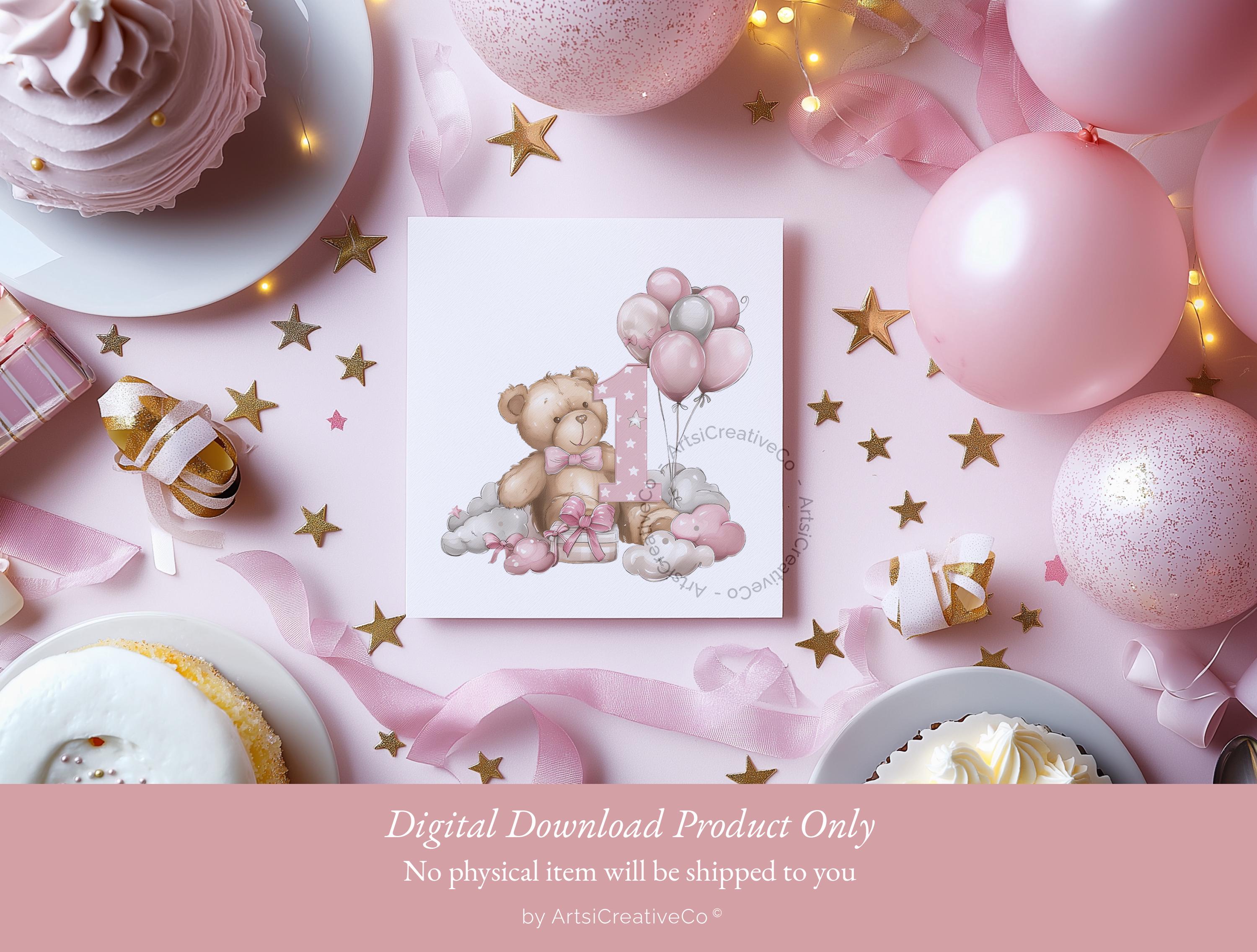 Teddy Bear 1st Birthday PNG Clipart, Pink Balloon Baby Girl, First Year ...