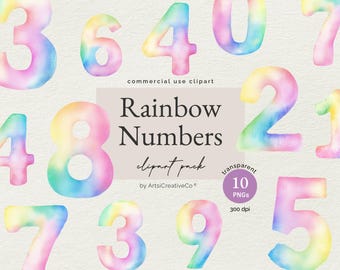 Pacchetto di clipart di numeri ad acquerello arcobaleno - numeri pastello PNG, pietre miliari del compleanno, marcatori di età, decorazioni per la cameretta dei bambini, inviti, scrapbooking