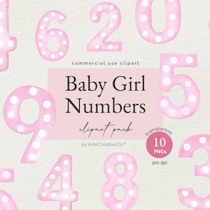 Bundle de cliparts aquarelle bébé fille - numéros PNG à pois rose pastel, jalons d'anniversaire, marqueurs d'âge, décoration de chambre d'enfant, faire-part