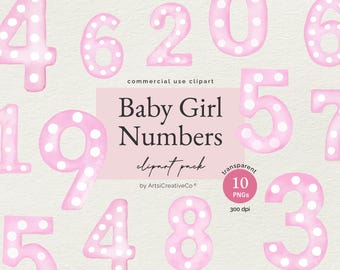 Pacchetto di clipart di numeri ad acquerello per bambine - numeri a pois rosa pastello PNG, traguardi di compleanno, marcatori di età, decorazioni per la cameretta dei bambini, inviti