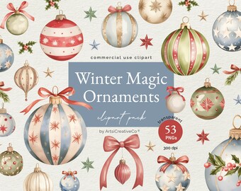 May include: A set of 53 watercolor winter ornament clipart images. The ornaments are in various colors and patterns, including red, blue, green, and gold. They are decorated with stars, snowflakes, and other winter motifs. The clipart is perfect for creating holiday cards, invitations, and other festive projects.