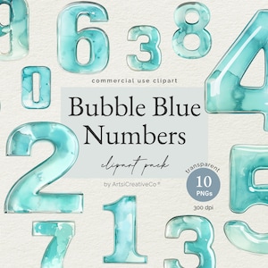 Ballon bleu bulle aquarelle chiffres anniversaire âge Clipart PNG Bundle, chiffres bleus, clipart enfants, étapes importantes de l'anniversaire, chiffres PNG