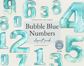 Bubble Blue Balloon Watercolour Numbers Birthday Age Clipart PNG Bundle, Blue Numbers, Children Clipart, Birthday Milestones, Numbers PNG