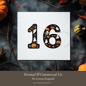 May include: A white card with the number 16 in black outlined in white. The numbers are filled with a pattern of Halloween icons including ghosts, pumpkins, and stars. The card is surrounded by fall leaves and pumpkins.