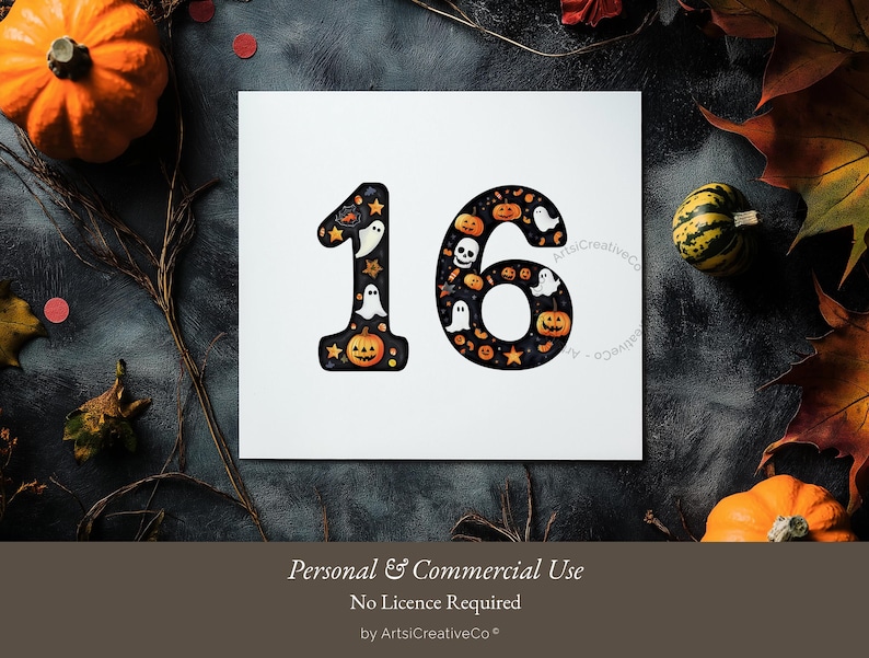May include: A white card with the number 16 in black outlined in white. The numbers are filled with a pattern of Halloween icons including ghosts, pumpkins, and stars. The card is surrounded by fall leaves and pumpkins.