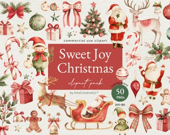 Peut inclure: Un ensemble de clipart aquarelle sur le thème de Noël. L'ensemble comprend des illustrations de Père Noël, de rennes, d'elfes, de cannes en sucre, de cadeaux, d'ornements et d'autres éléments festifs. Le texte "Sweet Joy Christmas" est présenté au centre de l'image.