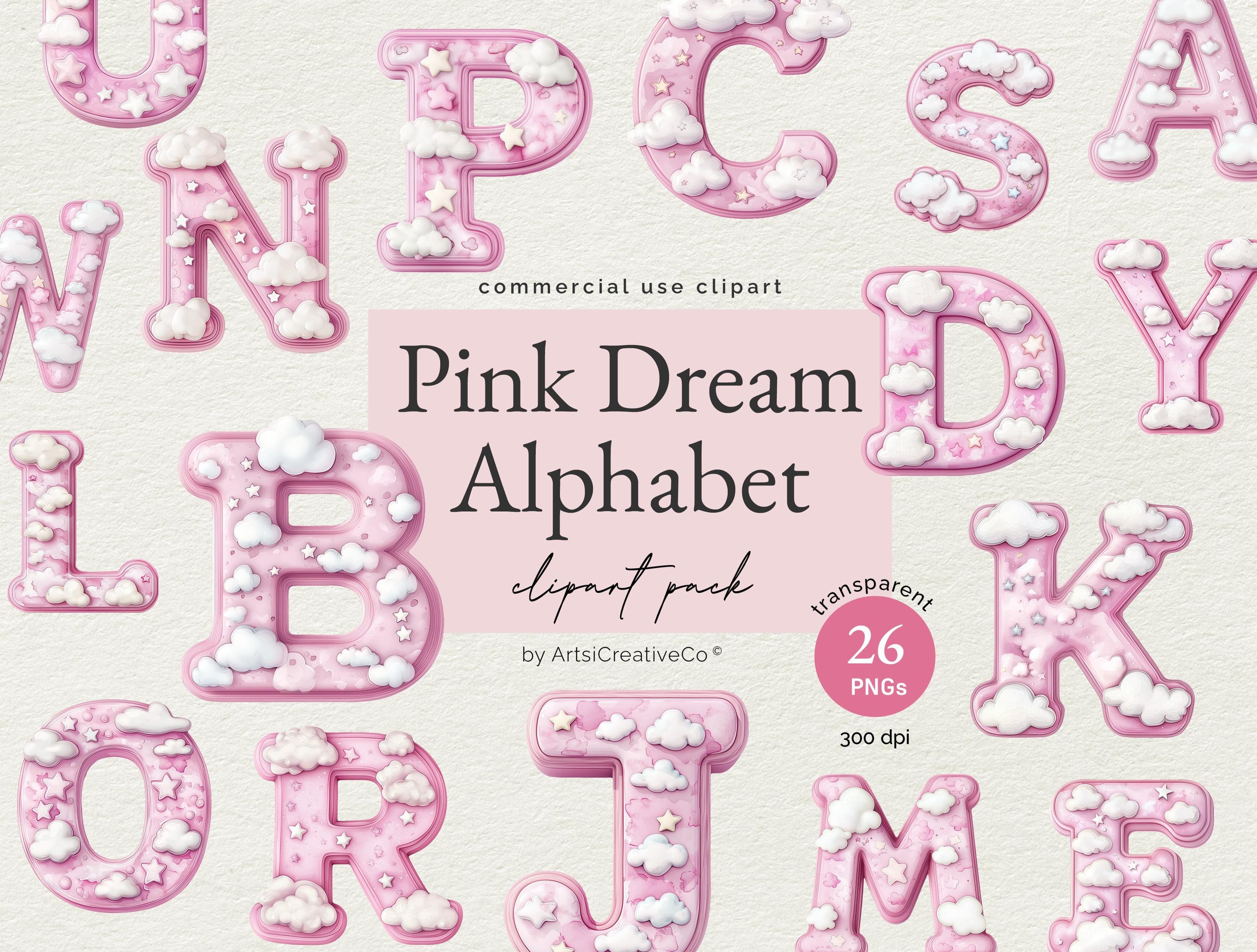 Pink Dream Alphabet Clipart, Cloud and Star Pink Letters, Baby Girl ...