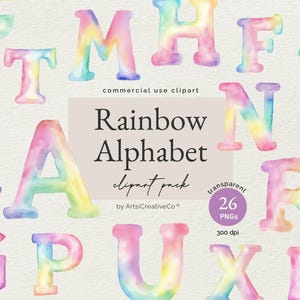 Rainbow Watercolor Alphabet Clipart Bundle - Pastel Letters A-Z PNG, Nursery Decor, Birthday Invitations, Baby Shower, Party Stationery