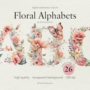 Paquete de imágenes prediseñadas PNG de letras del alfabeto floral, letras florales, imágenes prediseñadas florales, alfabeto estético, alfabeto rosa, alfabeto de boda, mariposa