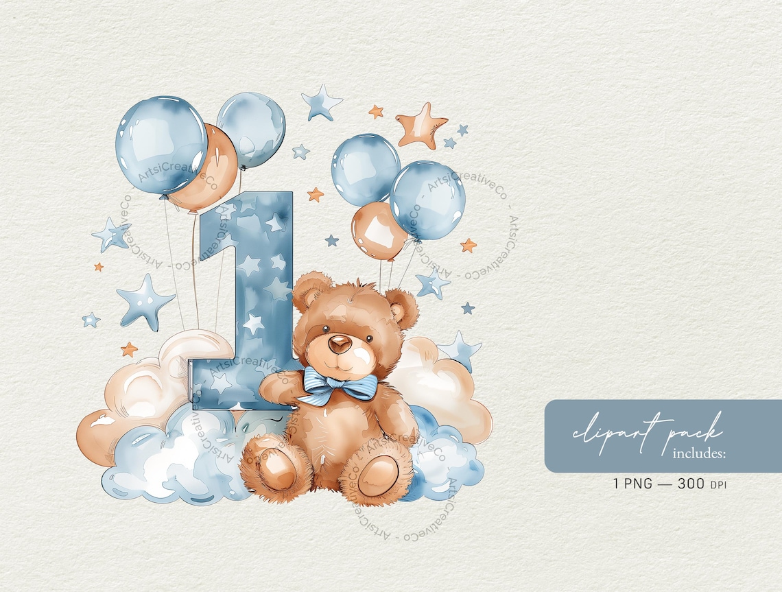 Teddy Bear 1st Birthday PNG Clipart, Blue Balloon Baby Boy, First Year ...