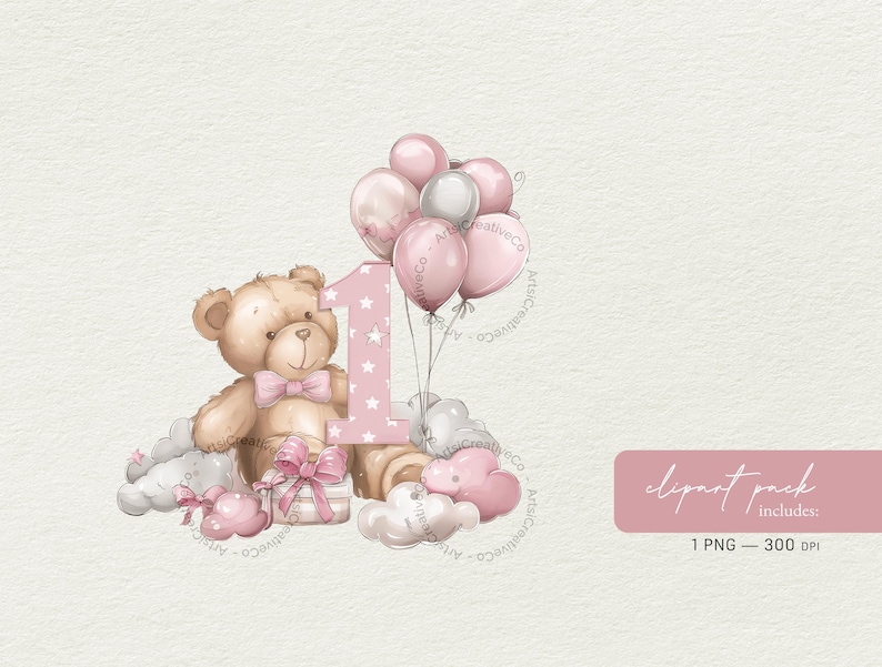 Teddy Bear 1st Birthday PNG Clipart, Pink Balloon Baby Girl, First Year ...