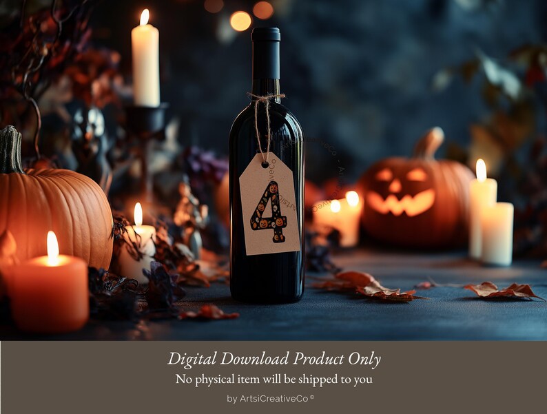 May include: A bottle of red wine with a Halloween-themed tag that says "4" on it. The bottle is surrounded by pumpkins, candles, and fall leaves.