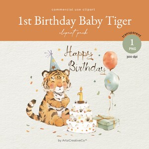 1er anniversaire de bébé tigre PNG, premier anniversaire, étape importante de bébé, des cliparts tigre, anniversaire de genre neutre, première année de bébé, clipart animaux de safari
