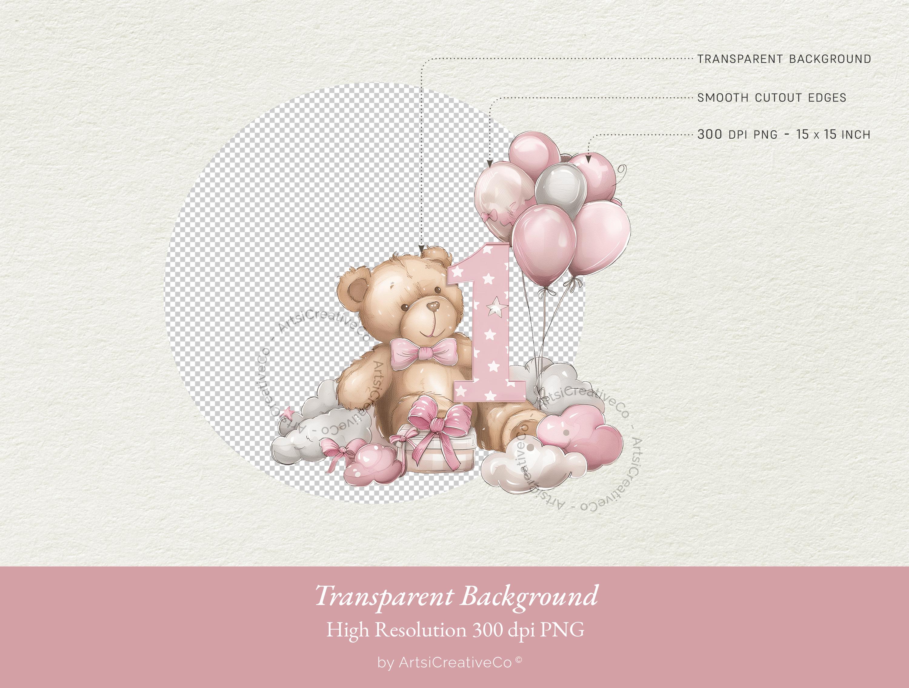 Teddy Bear 1st Birthday PNG Clipart, Pink Balloon Baby Girl, First Year ...
