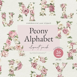 Pfingstrose Alphabet Clipart PNG - Florale Buchstaben für Scrapbooking, Einladungen, Kinderzimmer Dekor, Hochzeiten, Monogramme, Einladungen, Party Papeterie