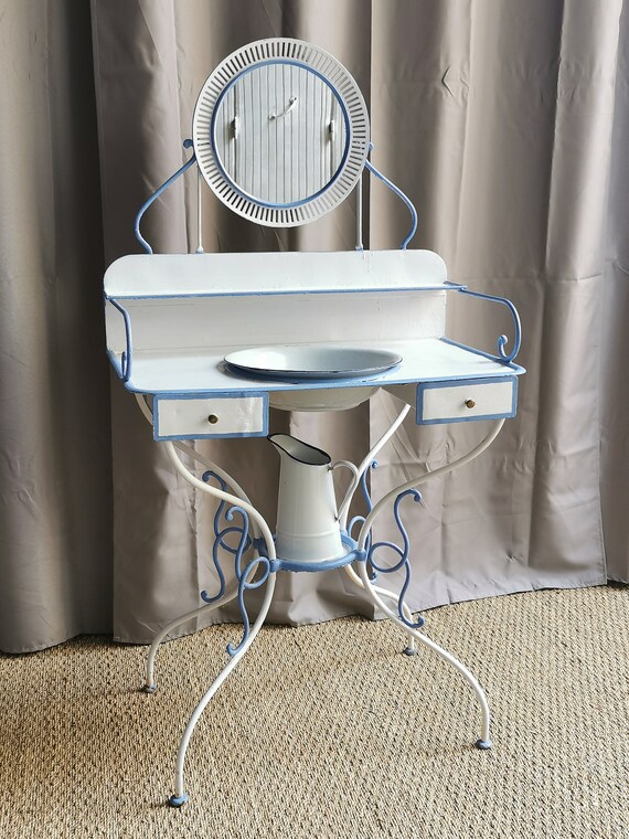 white metal dressing table IDEALHOUSE White, 2 Drawers, Dressers Vanity Table, Fold-Out Panel, Mirror, Open Shelving, Metal Frame, Stool