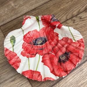 May include: A white seashell with a red poppy flower design. The shell is a decorative item with a scalloped edge.