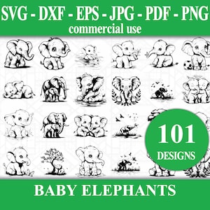 Baby Elephants SVG Bundle - 101 Animal Vector Illustrations for Cricut - Digital Download available as Svg, Dxf, Eps, Jpg, Pdf, Png