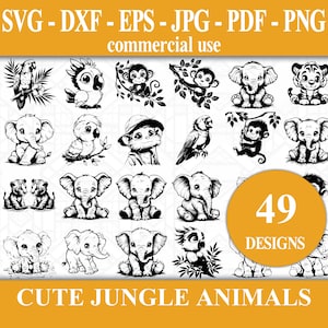 Cute Jungle Animals SVG Bundle - 49 Animal Vector Illustrations for Cricut - Digital Download available as Svg, Dxf, Eps, Jpg, Pdf, Png